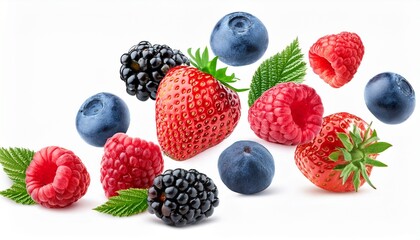 falling wild berries mix strawberry raspberry blueberry blackberry isolated on white background full depth of field
