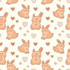 A whimsical and adorable seamless pattern featuring cartoon bunnies in a light peach/tan color