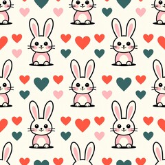 Obraz premium A cheerful and whimsical seamless pattern featuring adorable cartoon rabbits in pink and white