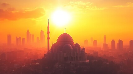 Naklejka premium Sunrise Mosque Cityscape Silhouette