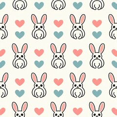 A cheerful and whimsical seamless pattern featuring adorable cartoon rabbits with big eyes and floppy ears, sitting amongst pastel-colored hearts