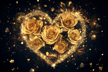 Golden Roses Heart Arrangement. A heart-shaped arrangement of golden roses with glitter against a dark background, perfect for romantic events like Valentine's Day or weddings.