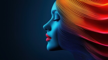 New wave and make up concept. A vibrant profile of a woman with flowing, colorful hair, blending digital art with a surreal atmosphere and striking color contrasts.