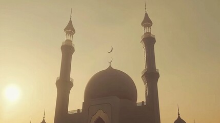 Sunrise Mosque Silhouette, hazy sky, peaceful scene, religious imagery