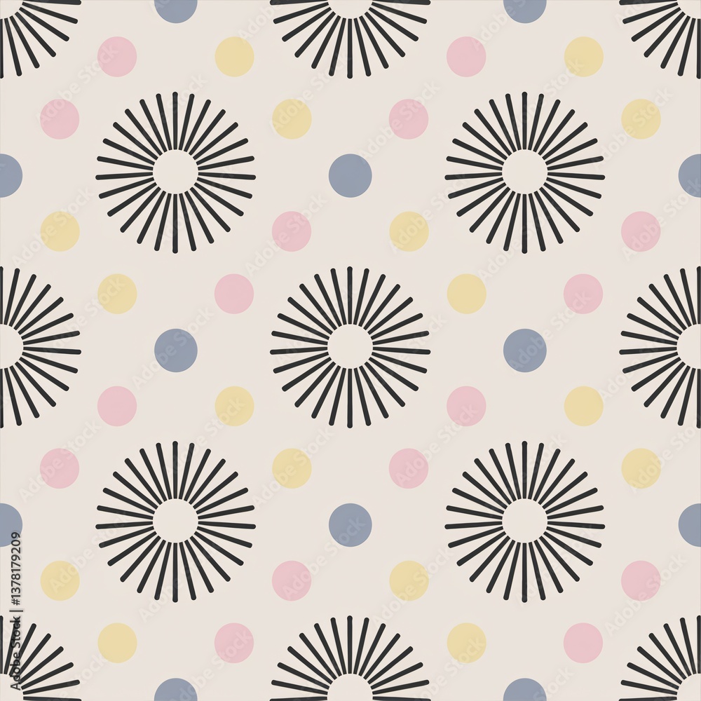 Poster a playful and cheerful repeating pattern featuring stylized sunburst shapes in black outlined on a l