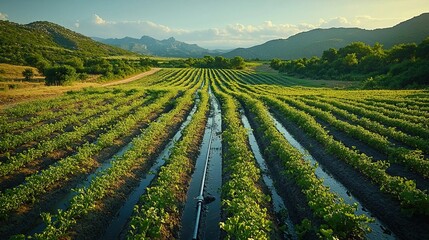 Efficient Drip Irrigation System in Rural Field, Ensuring Crop Growth