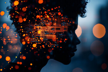 Digital identity concept with silhouette of person and circuit patterns. image features vibrant orange and blue colors, symbolizing technology and innovation