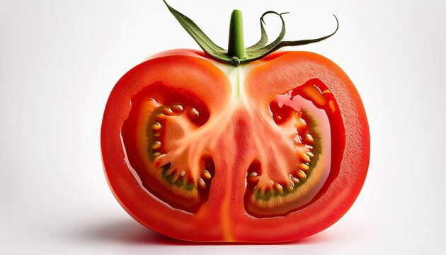 on a white background a tomato that is fully ripe is presented cut in half for viewing