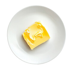 Butter cube on a plate isolated against a clean white background, butter in plateisolated on white background