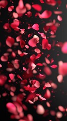 Red Rose Petals Falling Against Black Background