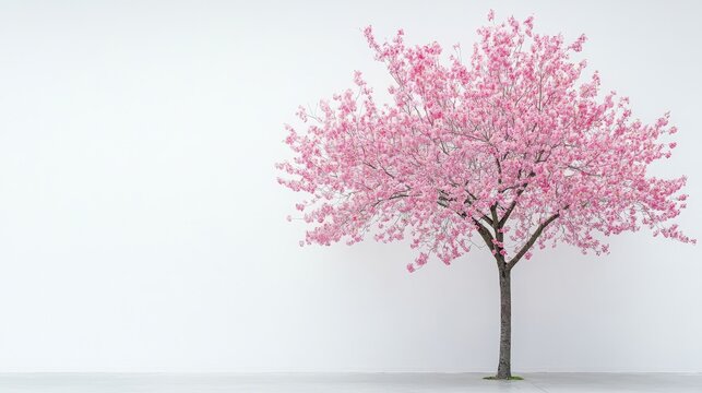 Blossoming cherry tree in minimalist setting nature scene tranquil environment aesthetic viewpoint springtime beauty