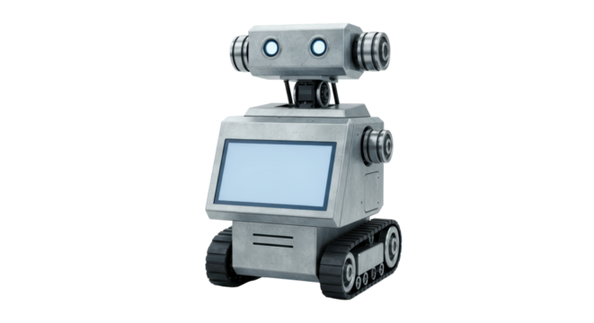Isolated Futuristic Robot with Monitor Display and Track Wheels