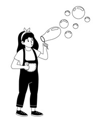 Girl blowing bubbles happily in a park during a sunny day while holding a cup
