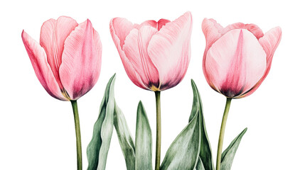Three elegant pink tulips bloom in soft light, cut out transparent