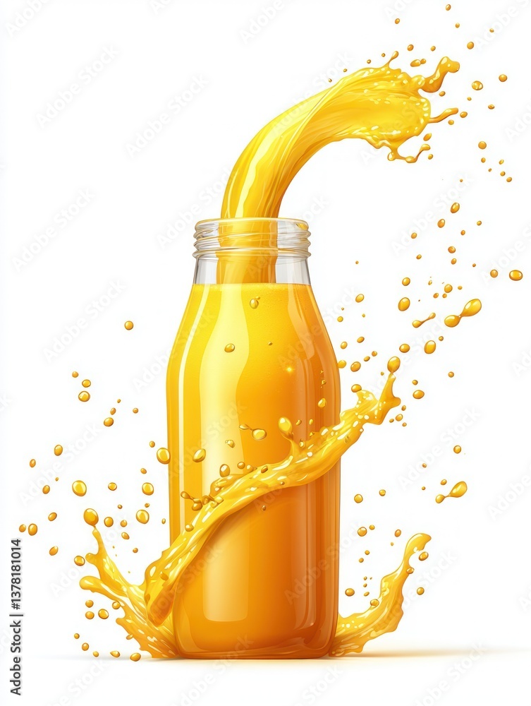 Poster freshly squeezed orange juice bottle splashing with vibrant citrus color on white background