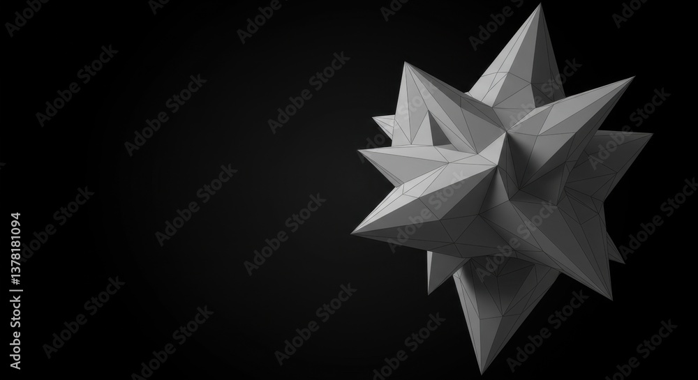Poster abstract 3d polygonal geometric star shape design in monochromatic grey scale against black backgrou