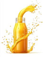 Freshly Squeezed Orange Juice Bottle Splashing with Vibrant Citrus Color on White Background