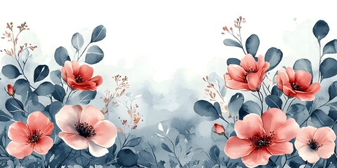 Watercolor floral frame with roses and eucalyptus