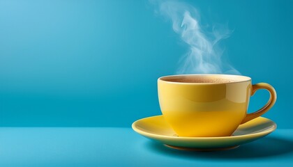 Obraz premium yellow hot cup of coffee with smoke on pastel blue background copy space