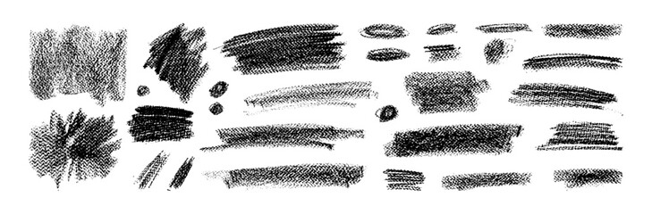 Crayon pencil brush strokes. Chalk sketch lines. Vector hand-drawn textures. Black paint marker chalk scribbles, squiggles. Pastel grainy gritty charcoal underline strike set. Wide thick stripes bg