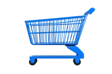 Blue shopping cart side view with black wheels on white background, cut out