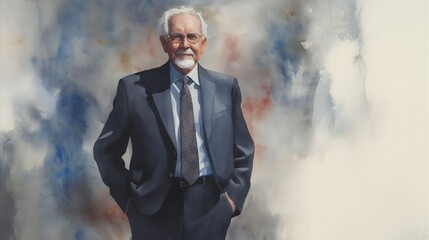 Elderly man standing confidently in a suit against an abstract background -  