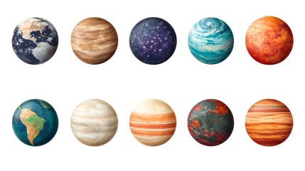 Ten fantastic planets of the solar system, cut out transparent