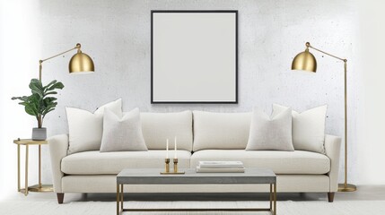 Scandinavian living room, concrete and brass mixed walls, cream sofa, gray coffee table, metallic lighting, soft urban interior