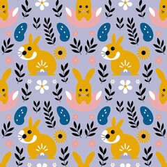 A playful and cheerful seamless pattern featuring stylized rabbits, flowers, and leaves