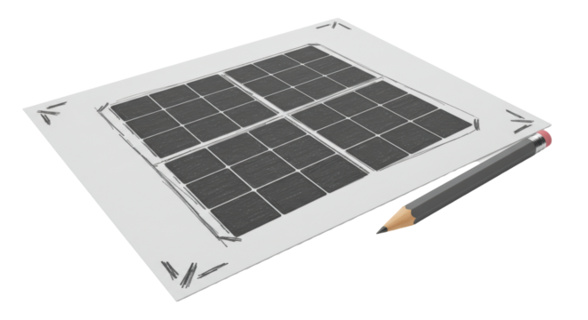 Isolated Solar Panel Blueprint with Pencil on White Background