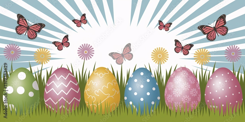 Poster a cheerful and festive image showcasing easter eggs in various colors and patterns nestled in a fiel