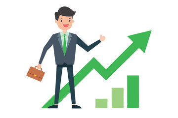 Smiling Businessman Holding Briefcase with Upward Green Arrow Chart and Bars on White