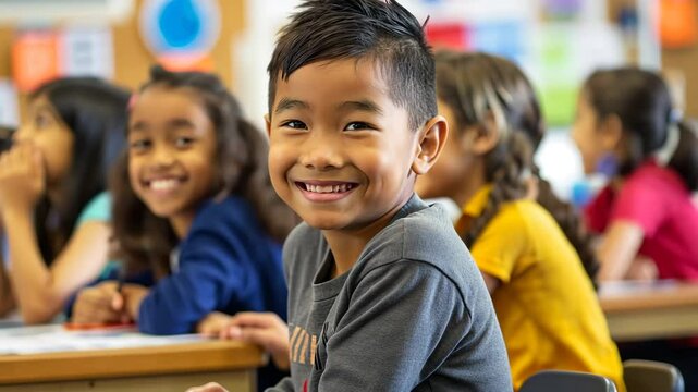 A bright-eyed, smiling young boy sits at his desk in a classroom surrounded by classmates.
Concept of: Joyful learning.