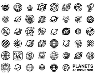 Planet and space exploration icons in clean black line style	