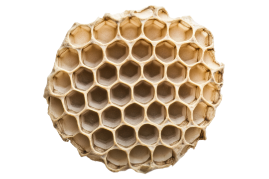 Close-up of empty wasp nest with hexagonal pattern on black background, cut out