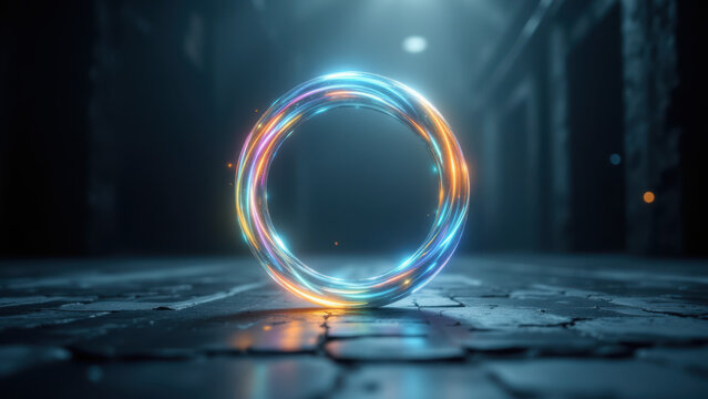 Futuristic energy ring on dark platform with neon lights and high-tech background.