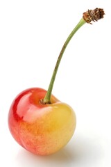 A vibrant Rainier cherry red and gold hues sits on a bright white background Clean studio shot