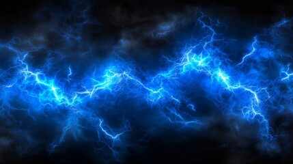 Blue electrical lightning strikes across a dark stormy sky, creating a powerful and dramatic...