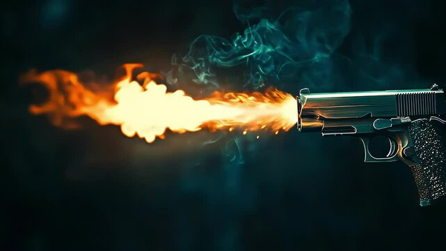 A dramatic close-up of a gun firing, with flames and smoke.
