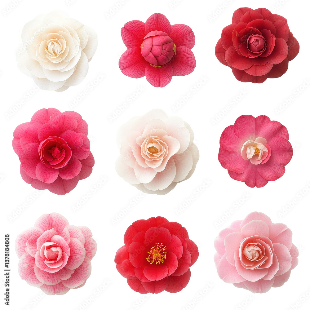 Poster colorful display of camellia flowers captured from above featuring various shades and shapes, variou