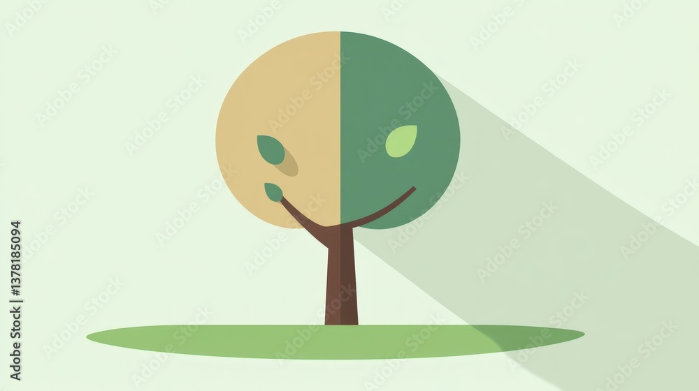 Poster a whimsical tree with a smiling face casting a playful shadow on a soft green background idea