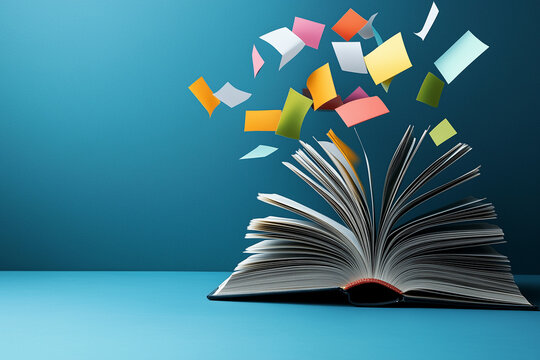 The Story Unfolds: An open book with pages fanning, as colorful sticky notes float upwards against a cool blue backdrop, symbolizing creativity and study.