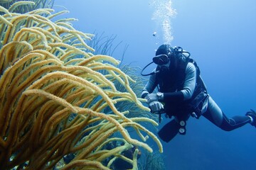 Scuba diver near beautiful coral reef with sea rod soft corals. Bonaire, Caribbean Netherlands
