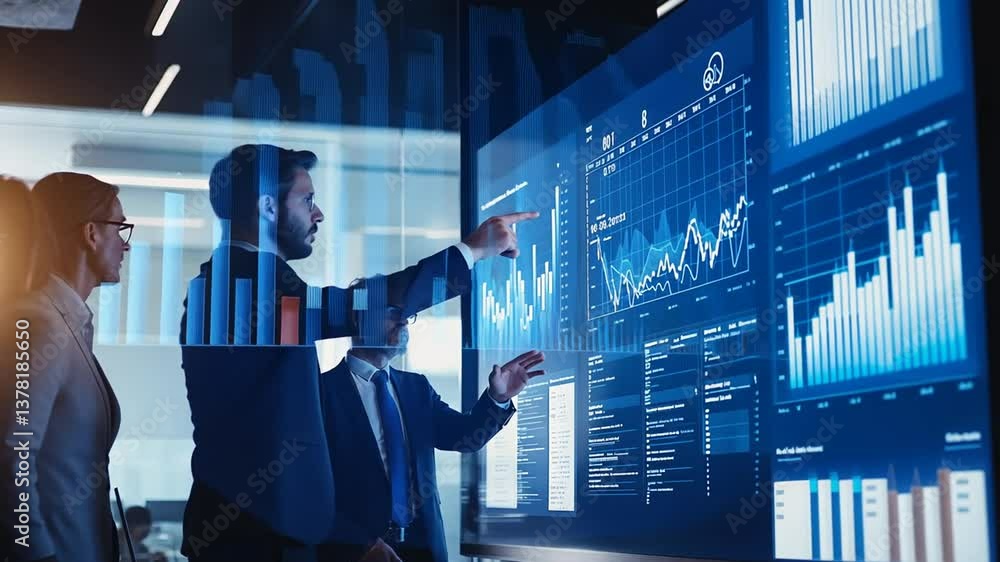 Poster business team analyzing financial data and insights on interactive screen display