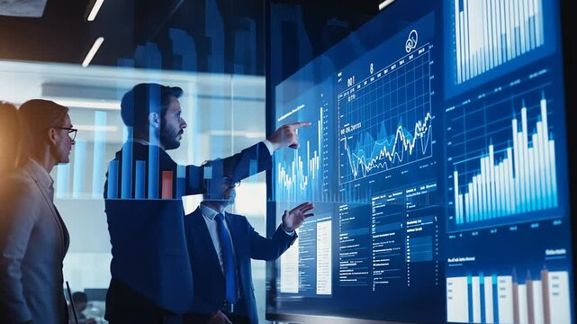Business team analyzing financial data and insights on interactive screen display