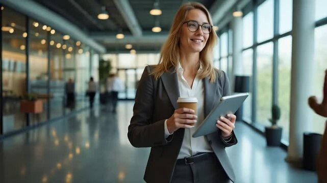 Mujer ejecutiva caminando por oficina moderna con caf&eacute; y tableta digital