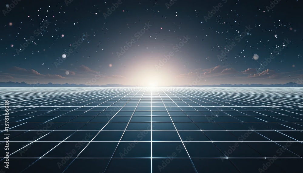 Poster exploring the infinite horizon digital landscape visualization virtual environment futuristic design