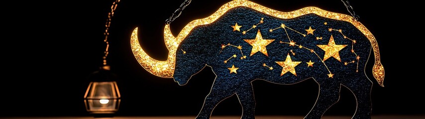 Watercolor Zodiac Illustration of Constellations Featuring a Stylized Elephant with Stars Against a Dark Background