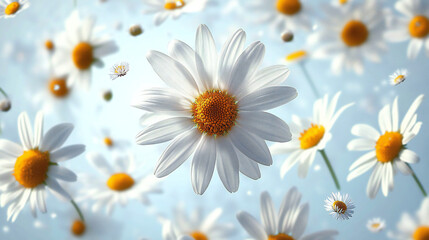 Fototapeta premium Delicate Blooming Chamomile Falling from Sky with Soft Focus, Gentle Colors, and Gentle Drapery, Isolated on Pure White Background