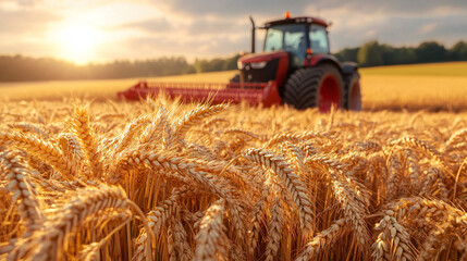 Farmers' Harvest: Intimate Close-Up of Golden Wheat Stalks with Tractor in Background, Capturing Local Farming Practices, Sustainable Agriculture, and the Art of Traditional Harvest